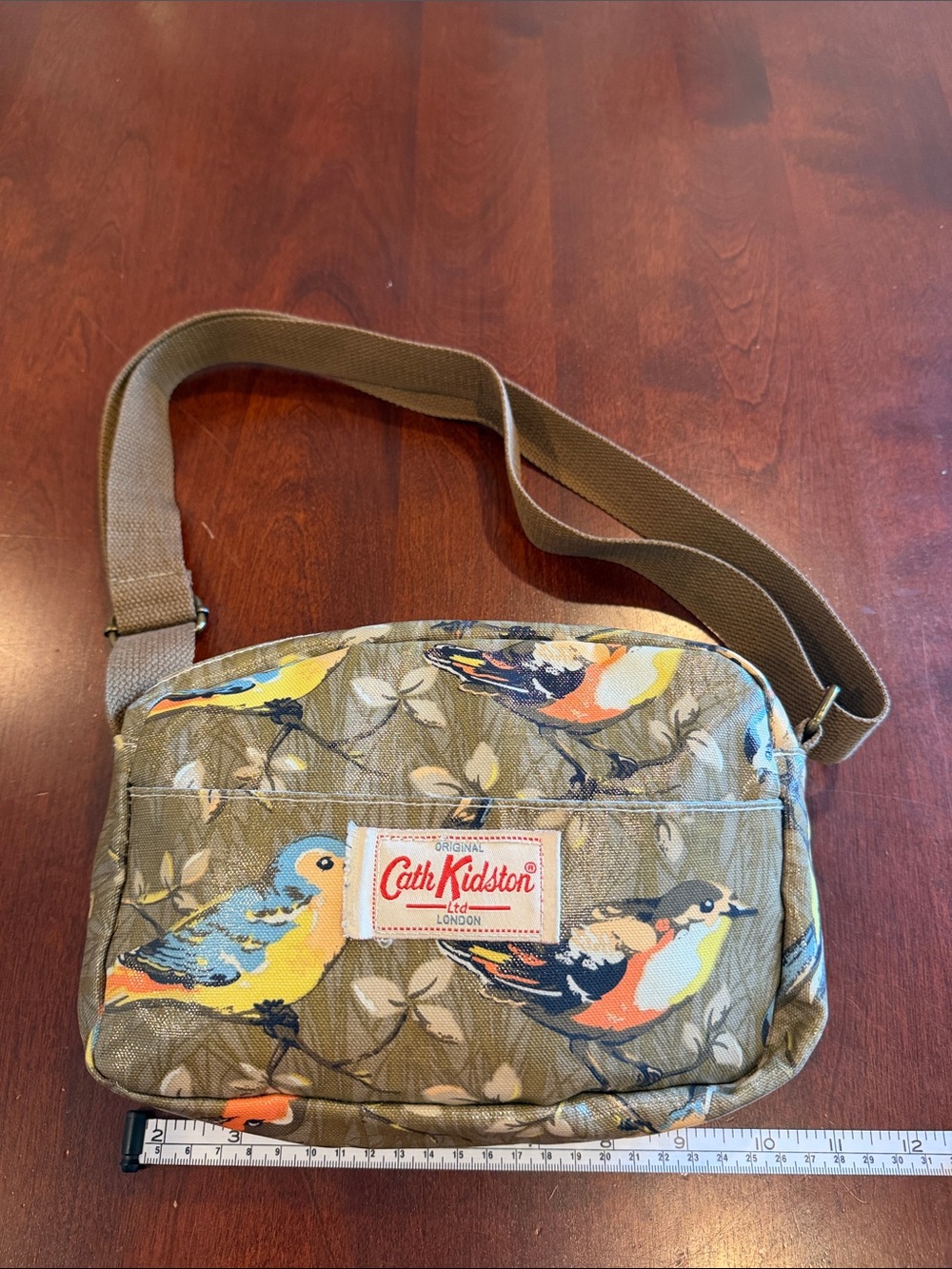 Cath Kidston Olive Bird Print crossbody Bag with Yellow and Blue Accents EUC